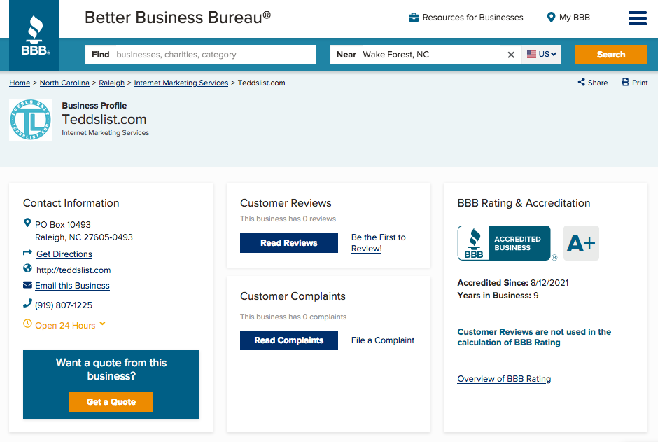 teddslist.com is an Accredited A+ Rated Business by Better Business Bureau
